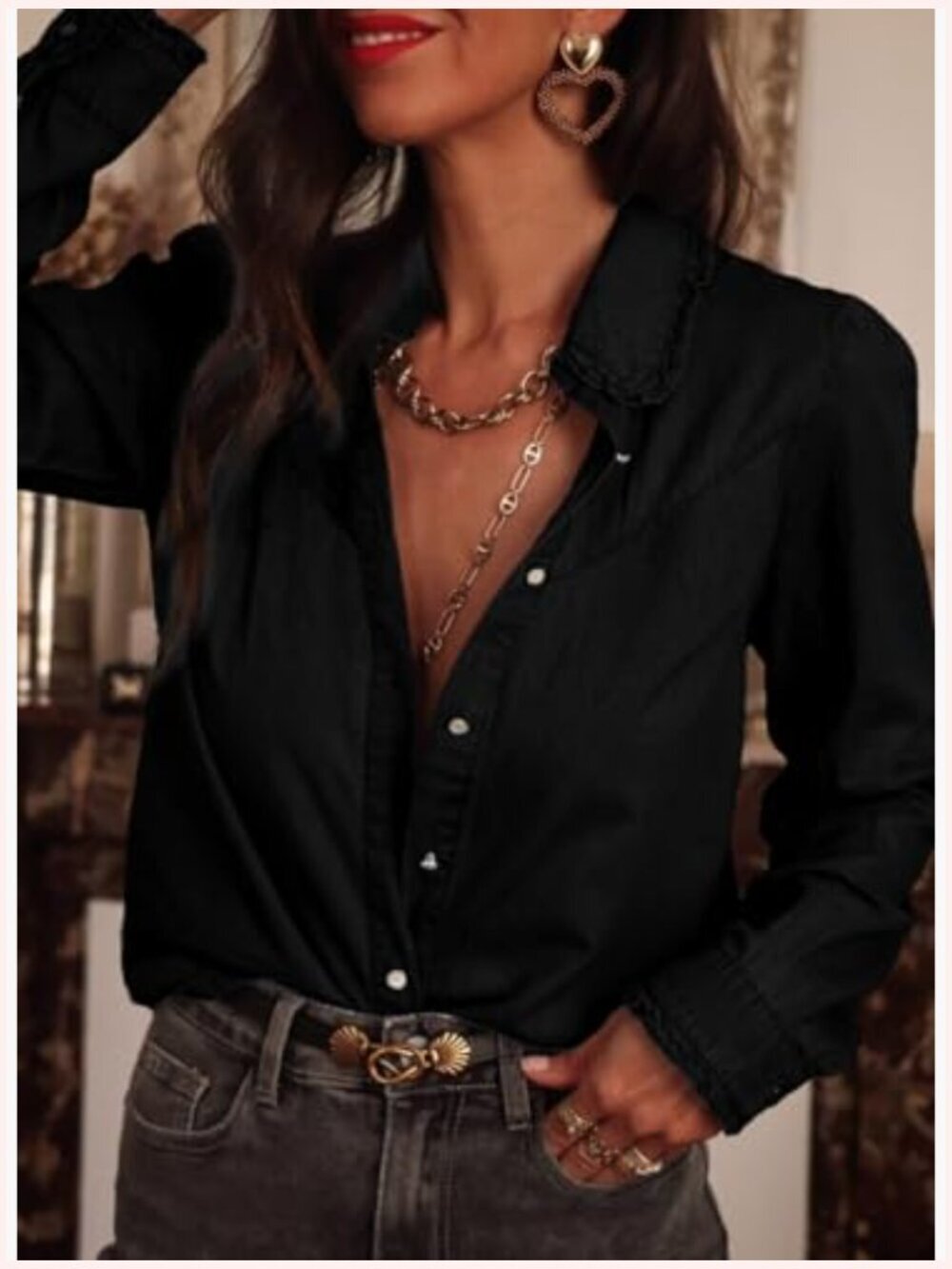 Ruffle V Neck Button Down Denim Shirt Casual Long Sleeve Trendy Chambray Top View 4
